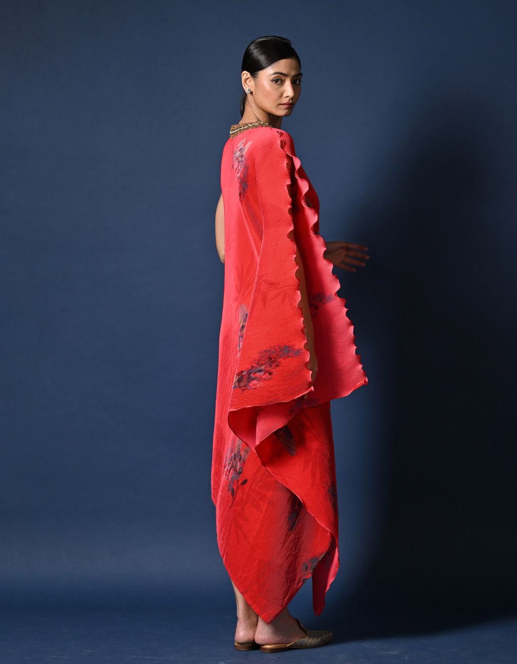 Red Frangipani Printed Drape With Embroidery