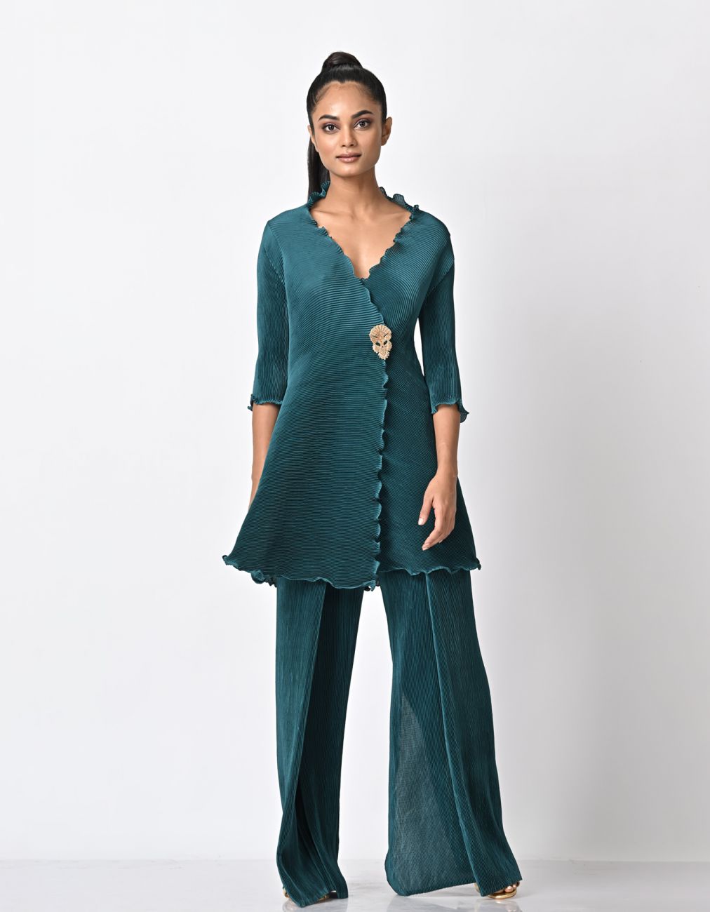 Blue Green Pleated Wrap Dress With Zardozi Motif