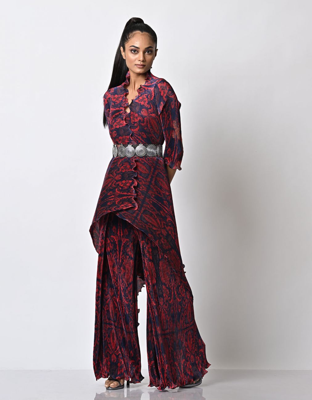 Red Jacquard Printed Wrap Top With Wide Leg Trousers