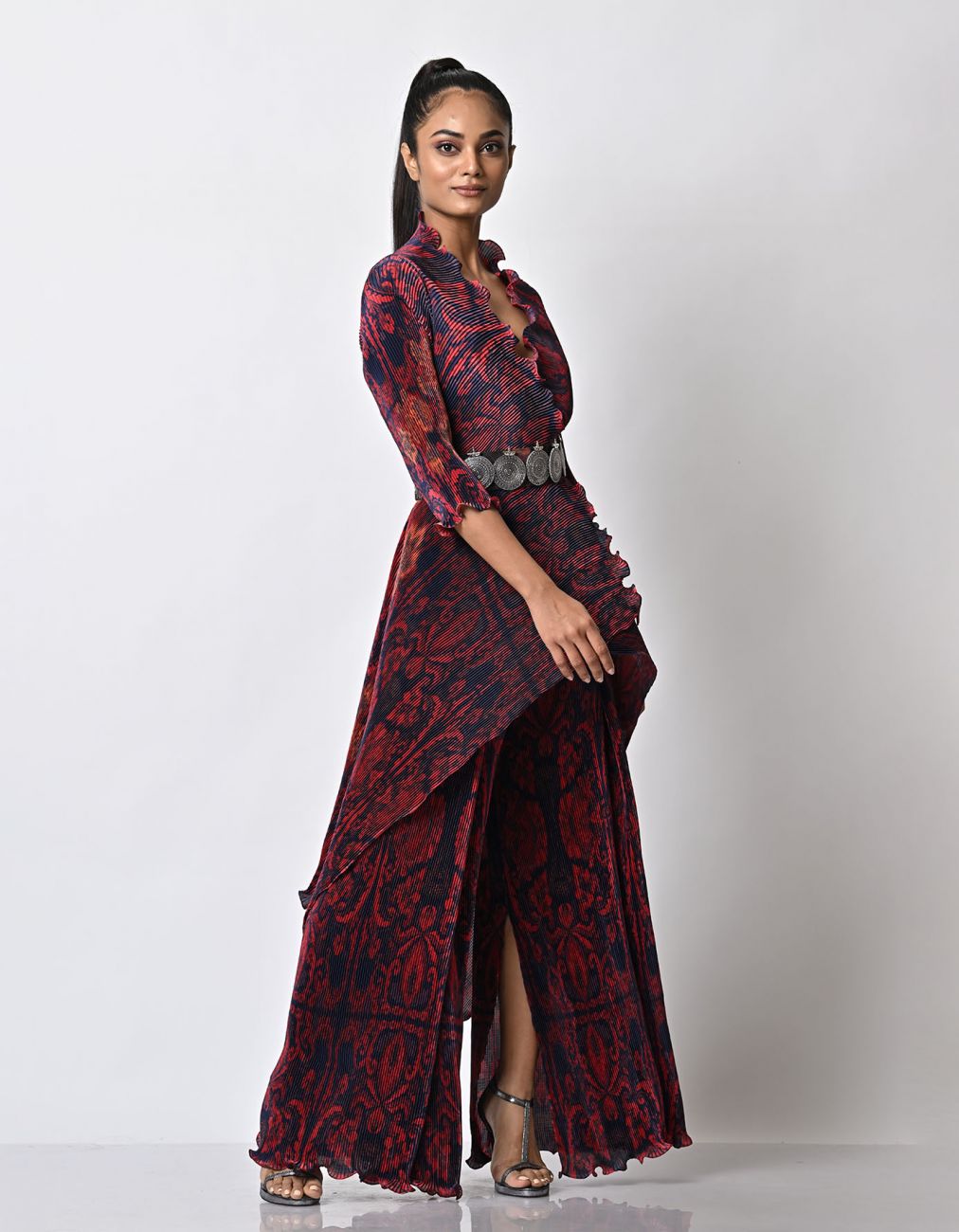 Red Jacquard Printed Wrap Top With Wide Leg Trousers