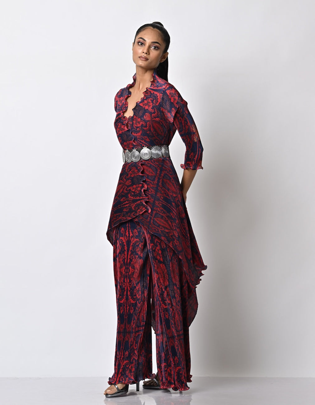 Red Jacquard Printed Wrap Top With Wide Leg Trousers