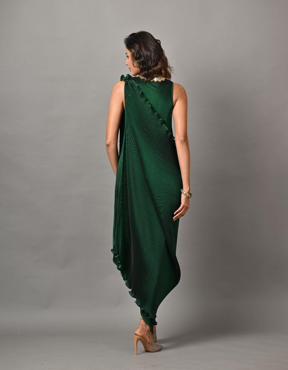 Emerald Pleated Diagonal Dress With Honeycomb Embroidery And Drape
