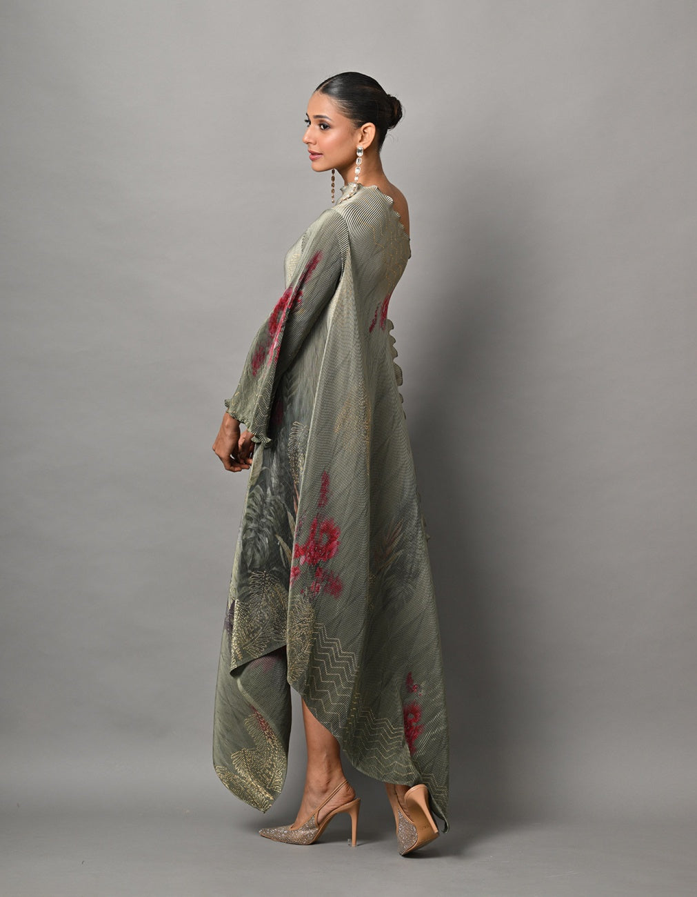 Olive Bogainvilla Printed Pleated Off Shoulder Drape With One Sleeve