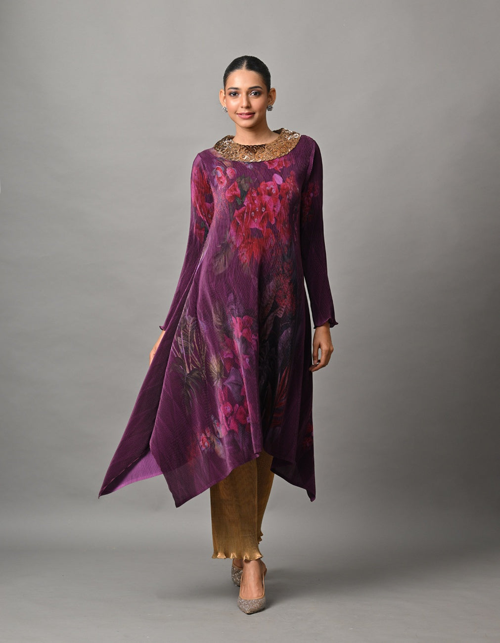 Blackberry Bogainvilla Printed Pleated Kaftan With Antique Circle Embroidery With Sleeves