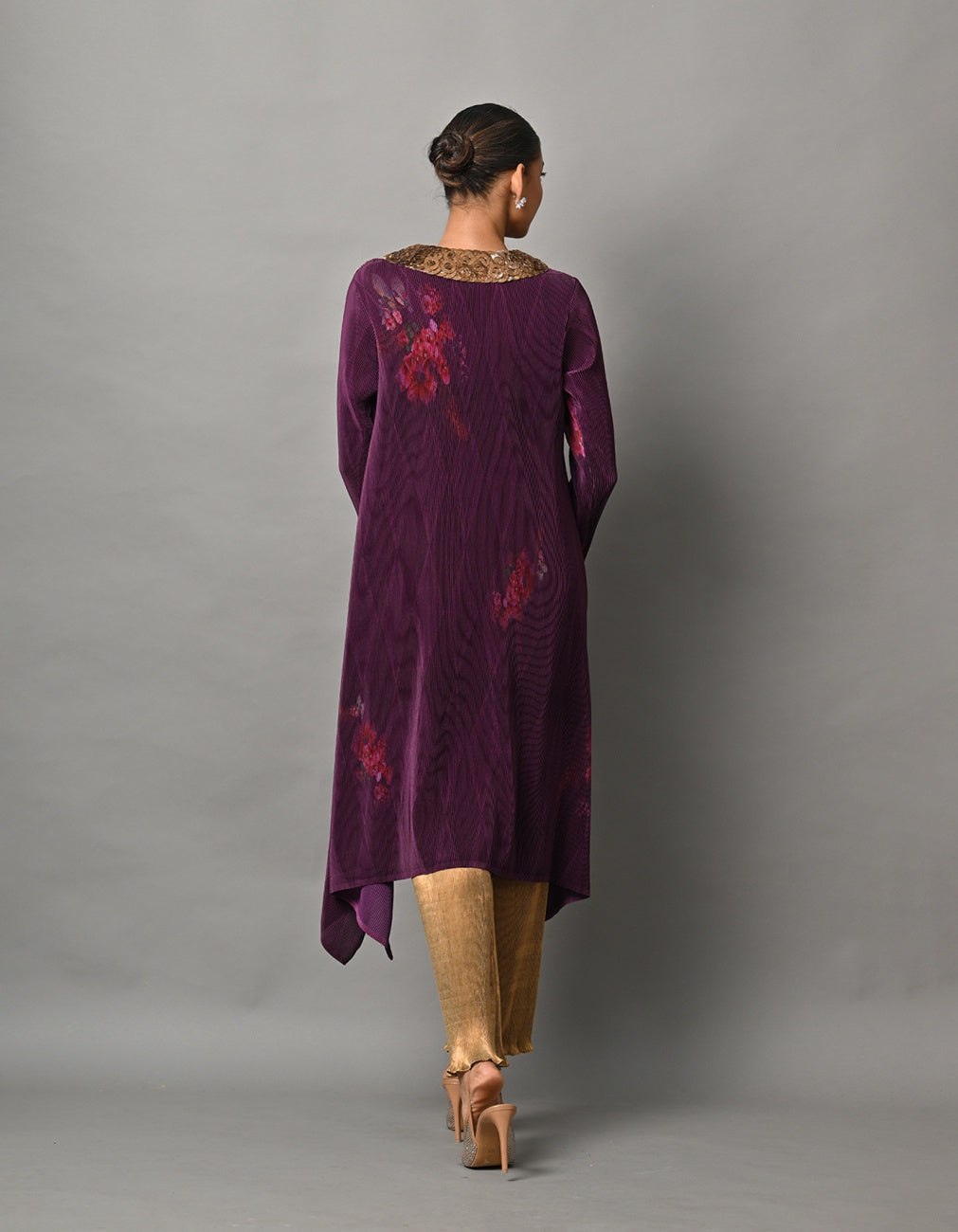 Blackberry Bogainvilla Printed Pleated Kaftan With Antique Circle Embroidery With Sleeves
