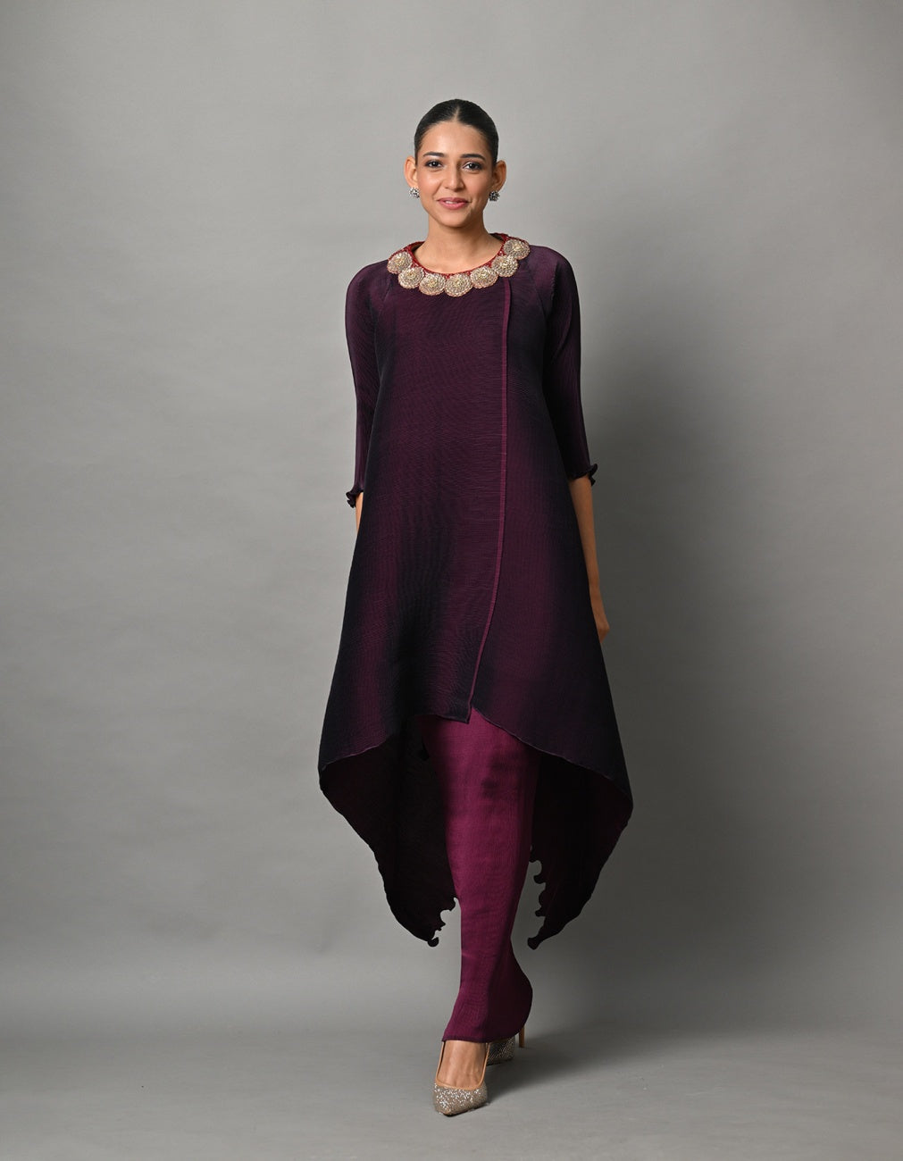 Blackberry Pleated Wrap With Magpie Embroidery And Long Pleated Dress