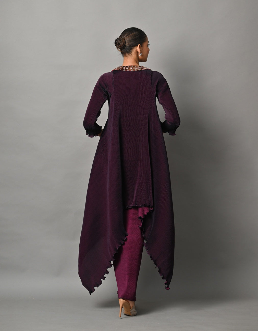 Blackberry Pleated Wrap With Magpie Embroidery And Long Pleated Dress