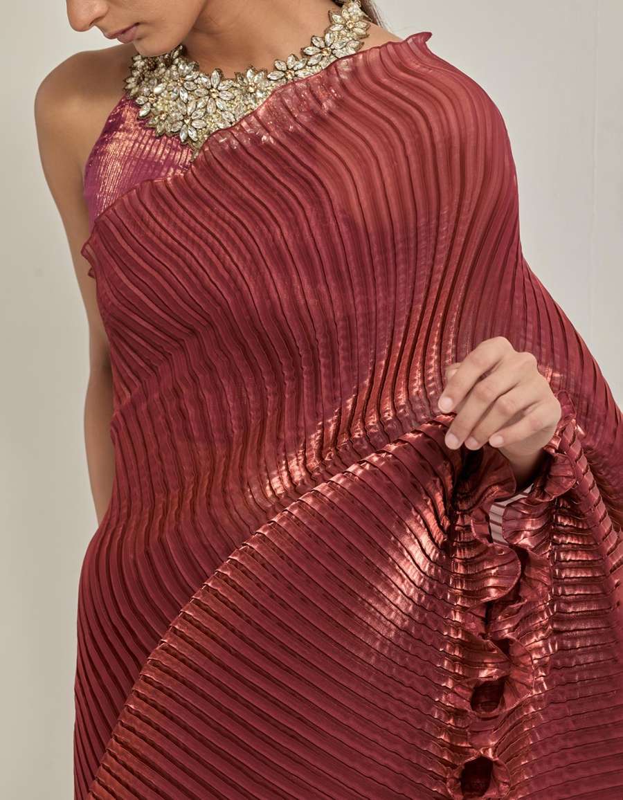 Bronze box pleated saree with embroidery and choli piece