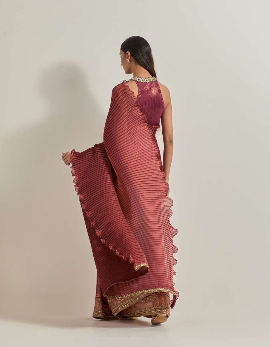 Bronze box pleated saree with embroidery and choli piece