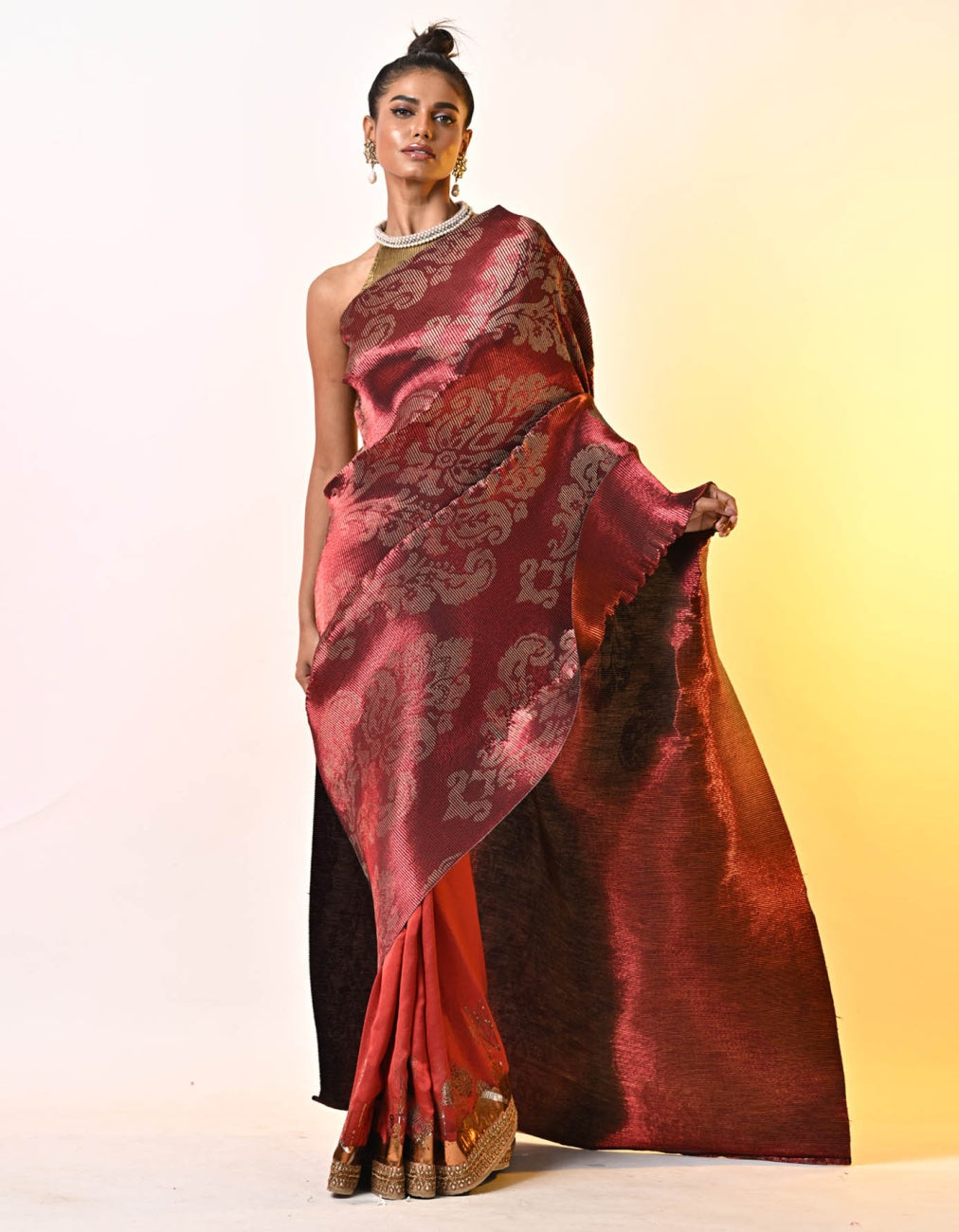 Merlot Jacquard Printed Pleated Saree