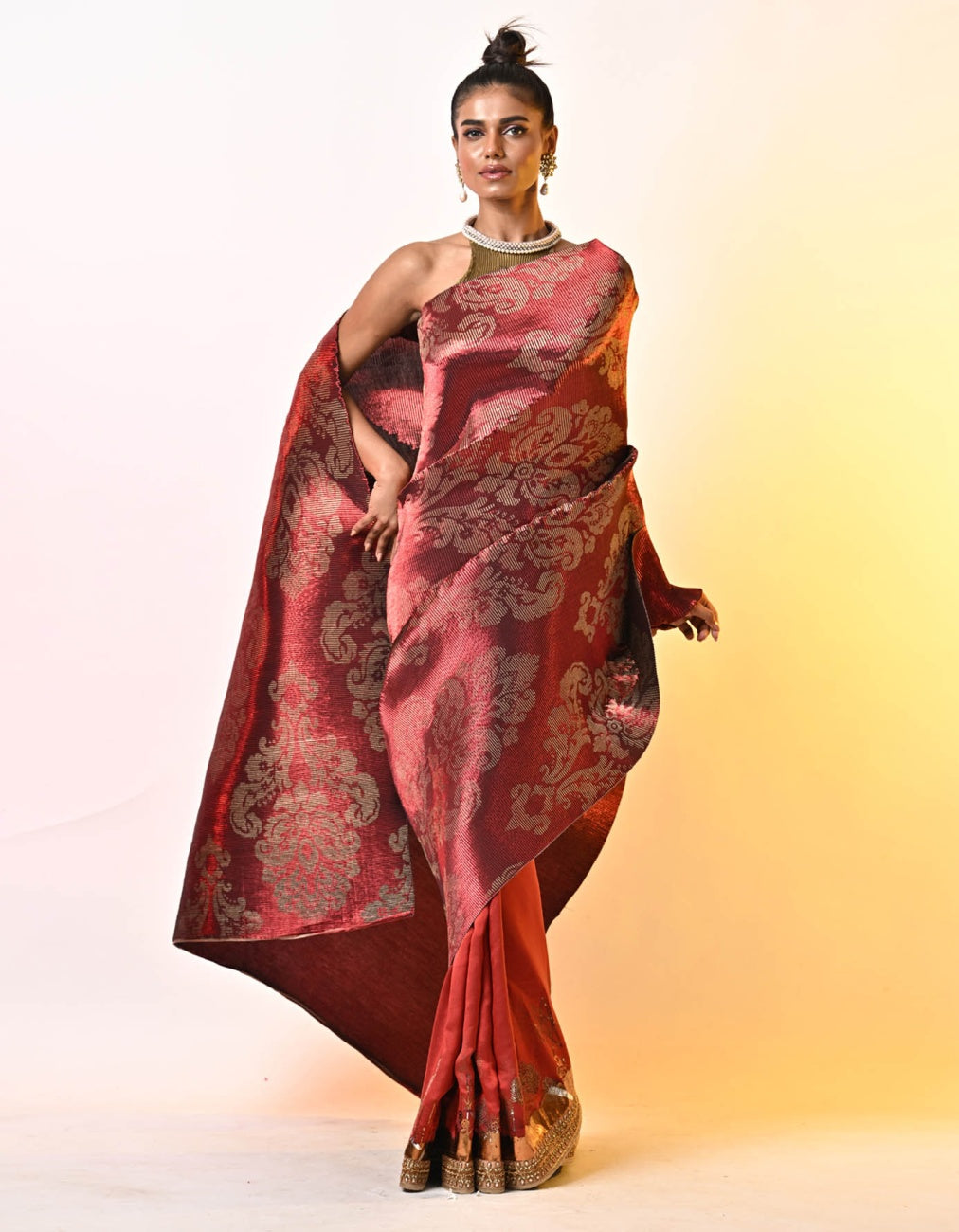Merlot Jacquard Printed Pleated Saree