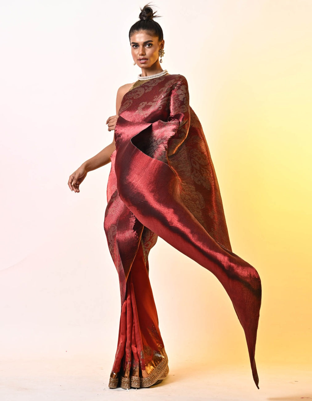 Merlot Jacquard Printed Pleated Saree