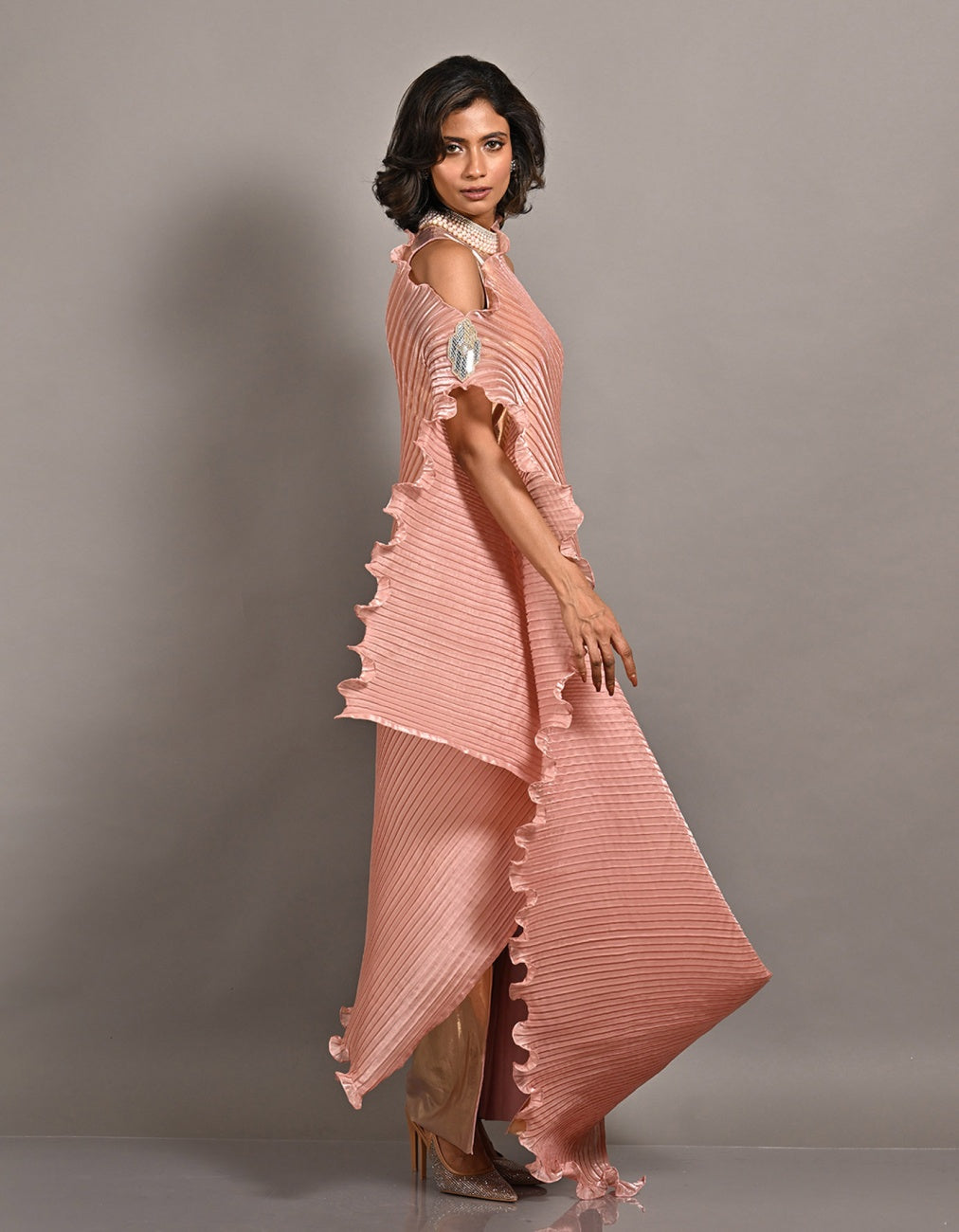 Salmon Pink Box Pleated Drape And Long Dress With Collar Detail