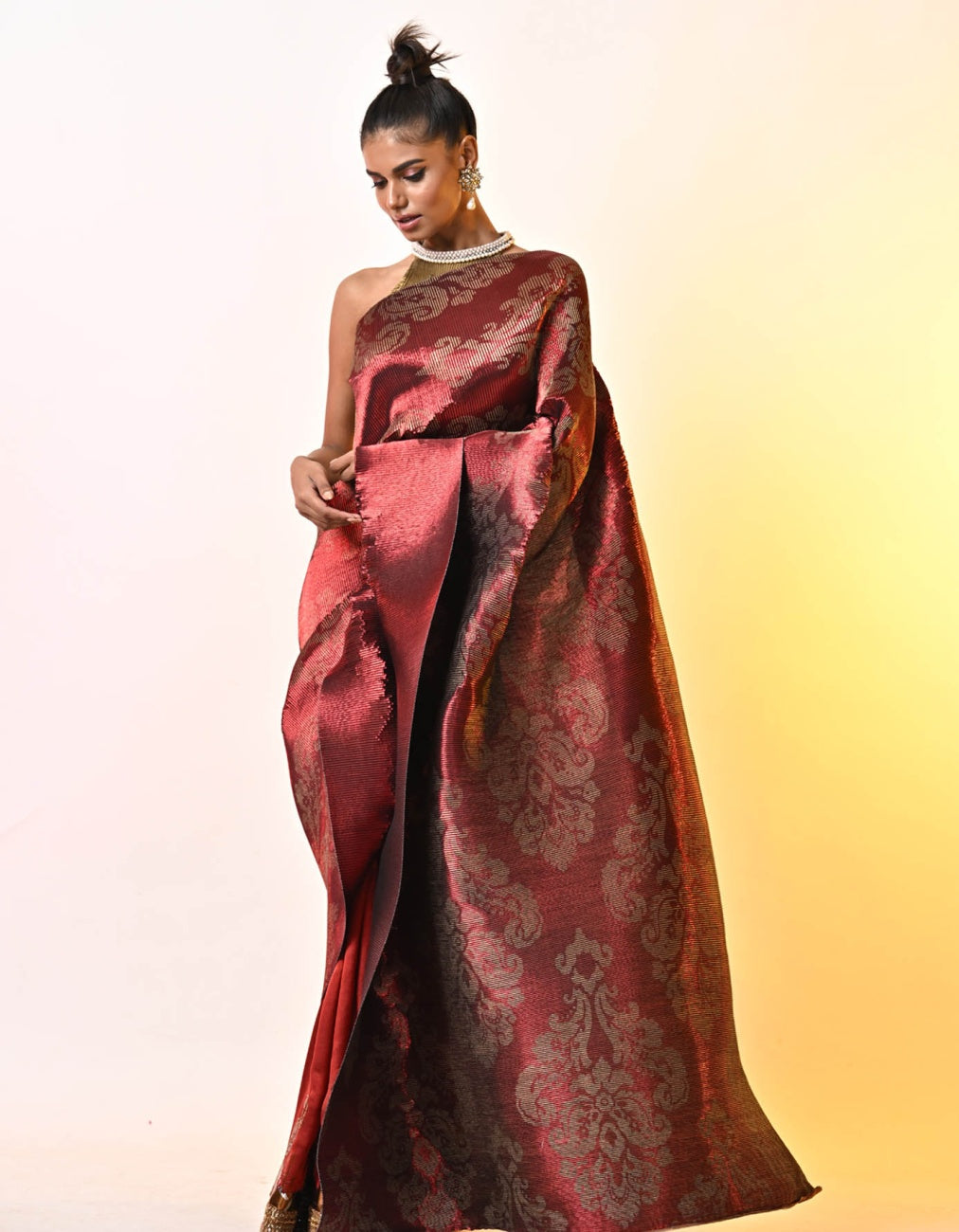 Merlot Jacquard Printed Pleated Saree
