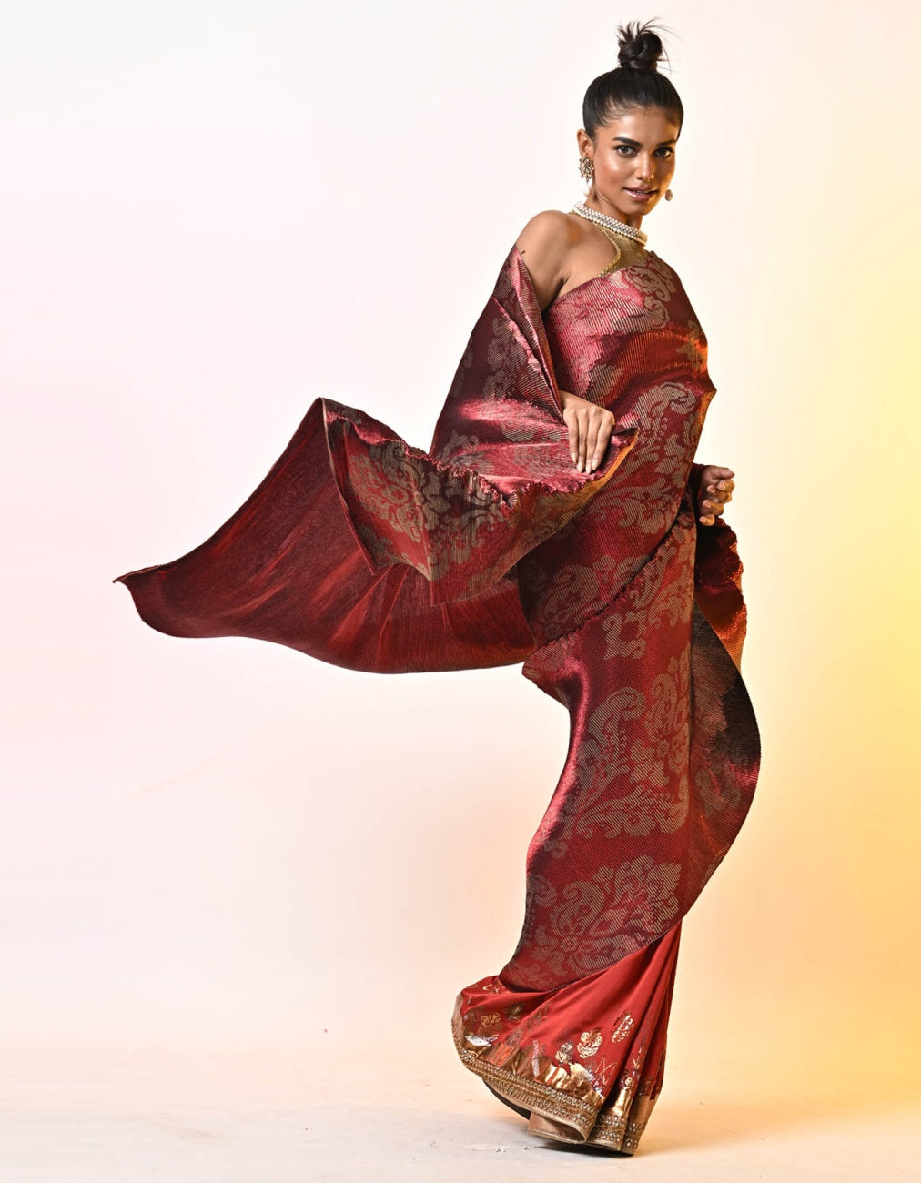 Merlot Jacquard Printed Pleated Saree