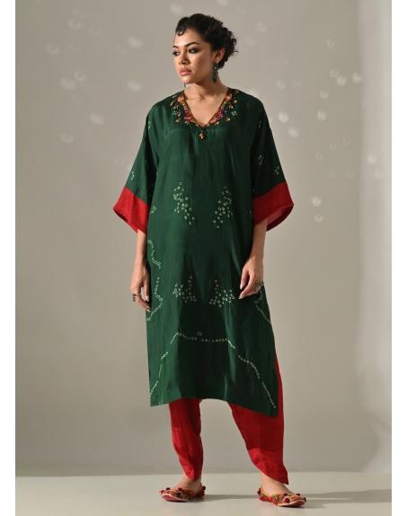 Green Red Bandhani Kurta Set