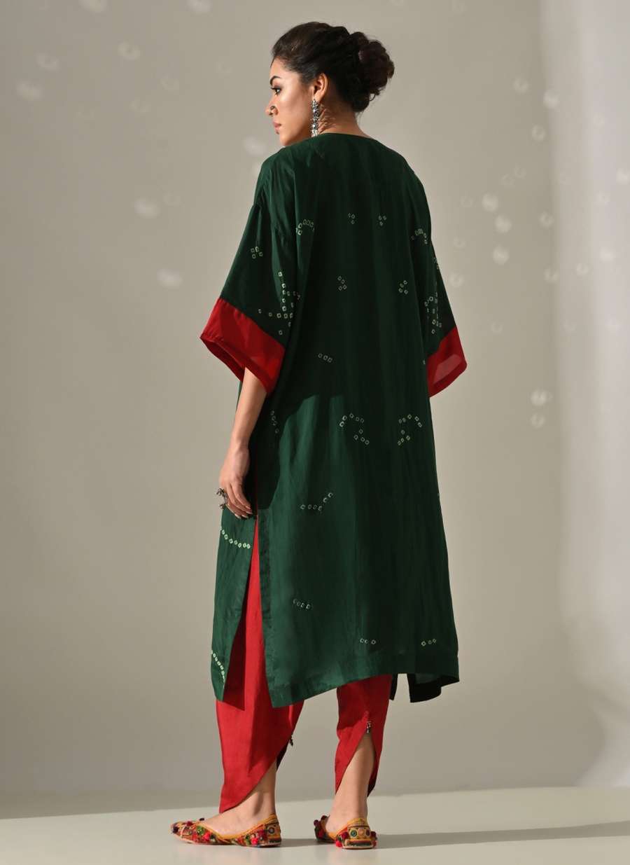 Green Red Bandhani Kurta Set