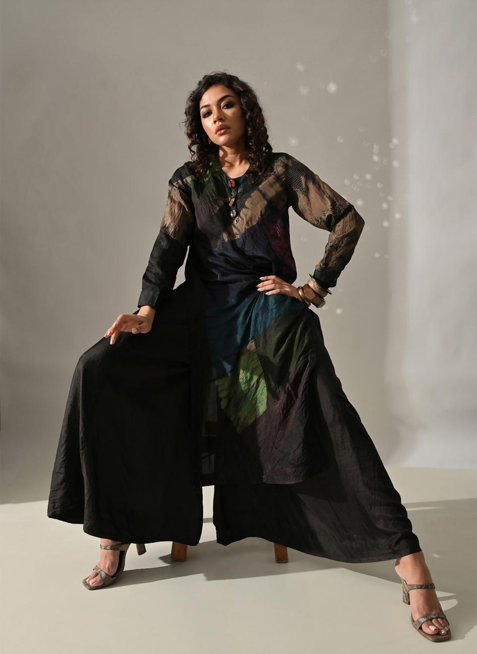 Black Multi Patchwork and Placement Tie Dye Kurta Set