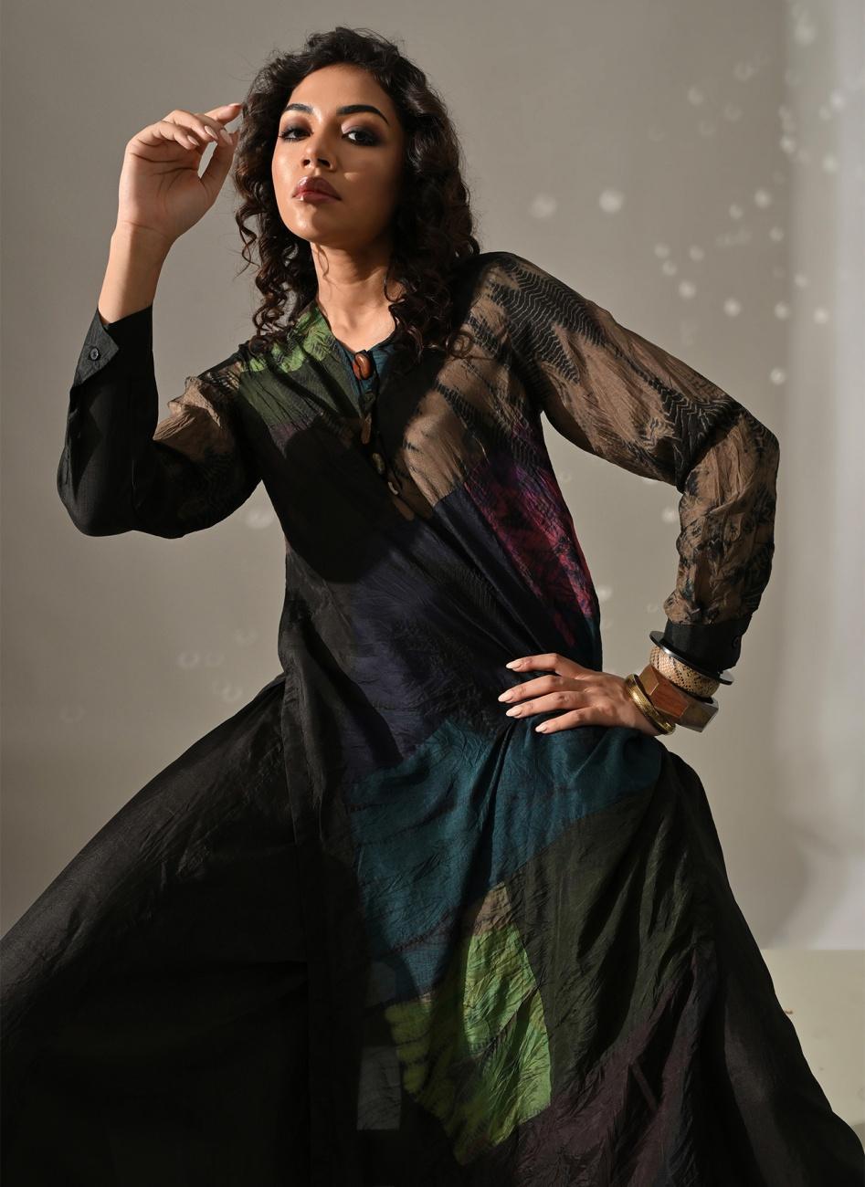 Black Multi Patchwork and Placement Tie Dye Kurta Set