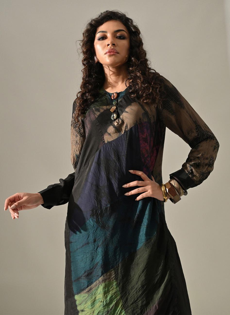 Black Multi Patchwork and Placement Tie Dye Kurta Set