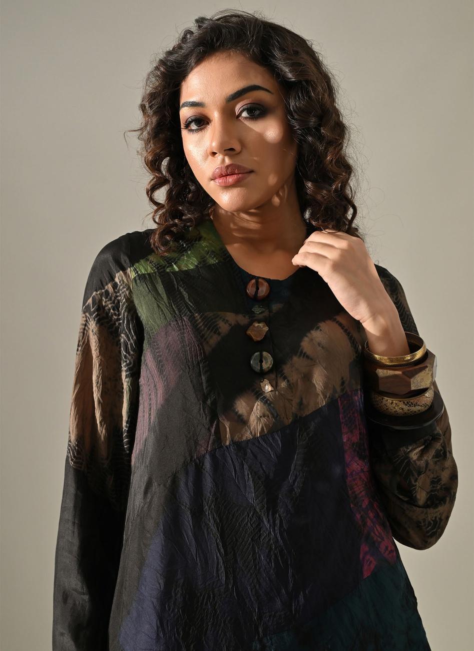 Black Multi Patchwork and Placement Tie Dye Kurta Set