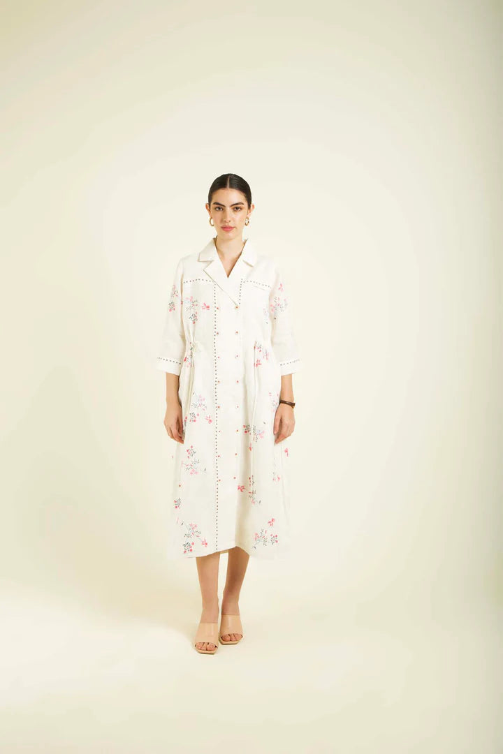 Ivory Printed Side Gathered Shirt Dress In Linen