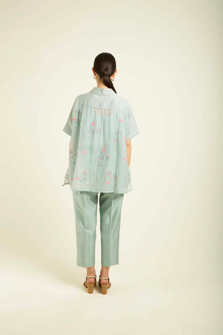 Mint Kaftan Shirt In Mul Chanderi With Embroidery Details And Straight Pants In Silk Chanderi