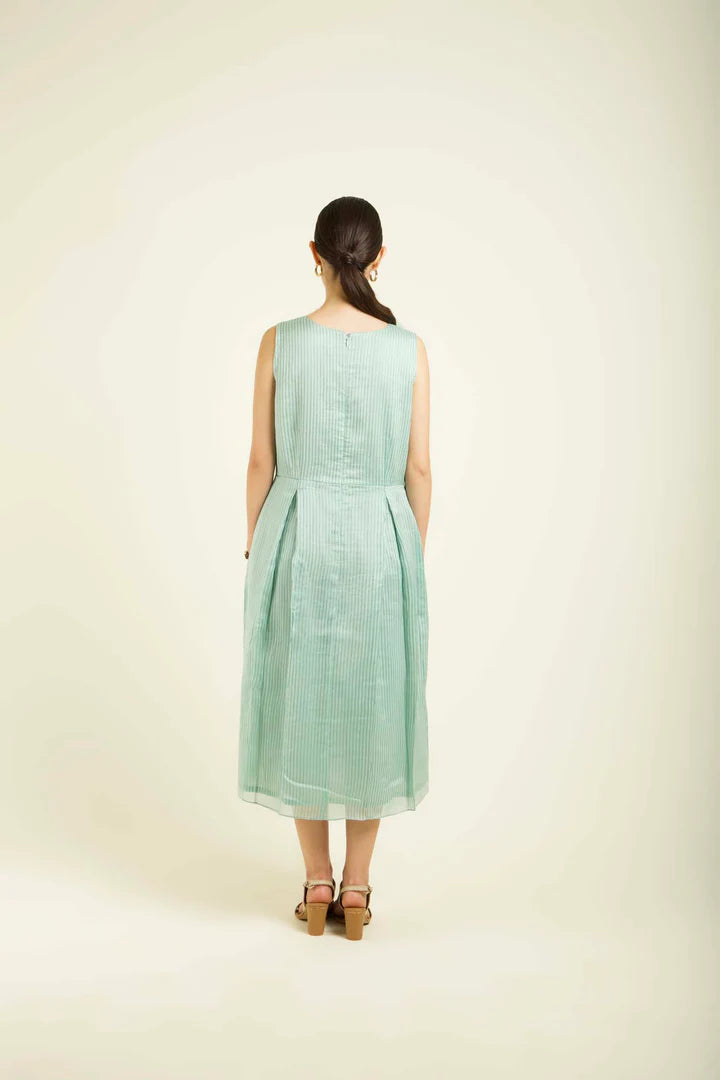 Mint Printed Organza Jacket With Plain Dress In Stripe Organza