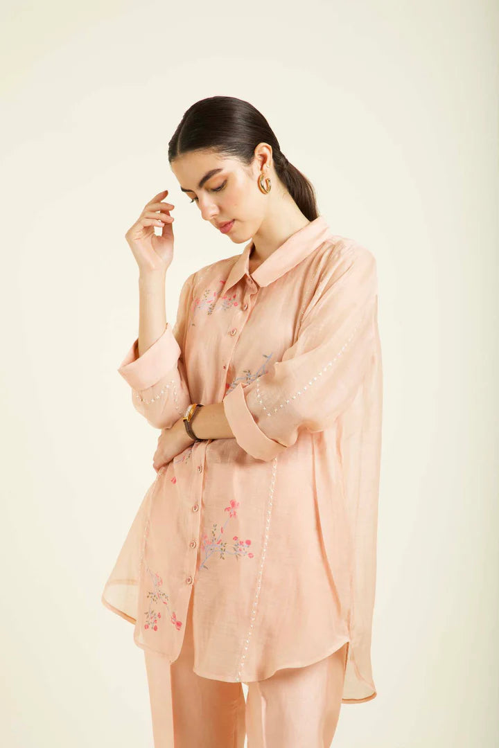 Old Rose Shirt In Mul Chanderi With Embroidey And Straight Pants In Silk Chanderi