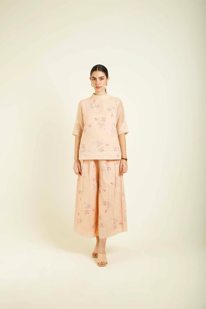 Old Rose Printed Top With Culottes In Linen