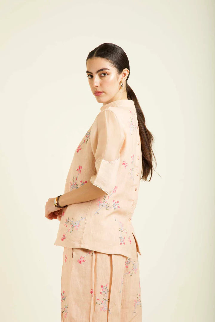 Old Rose Printed Top With Culottes In Linen