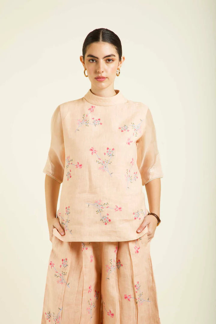 Old Rose Printed Top With Culottes In Linen