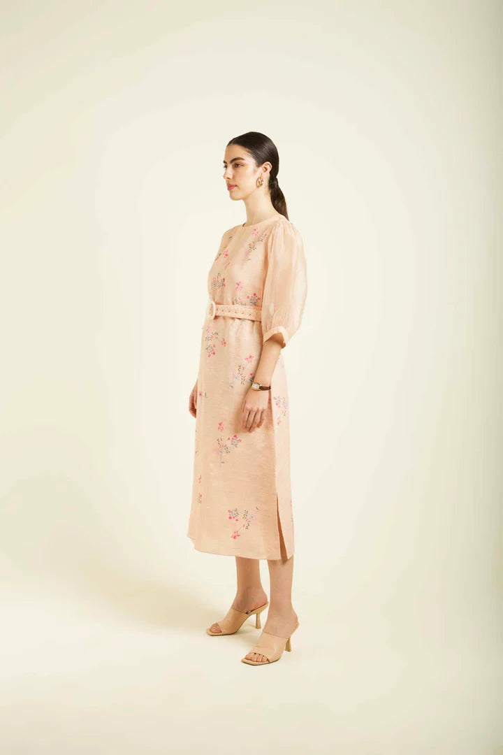 Old Rose Printed A-Line Dress In Linen With Quilted Belt