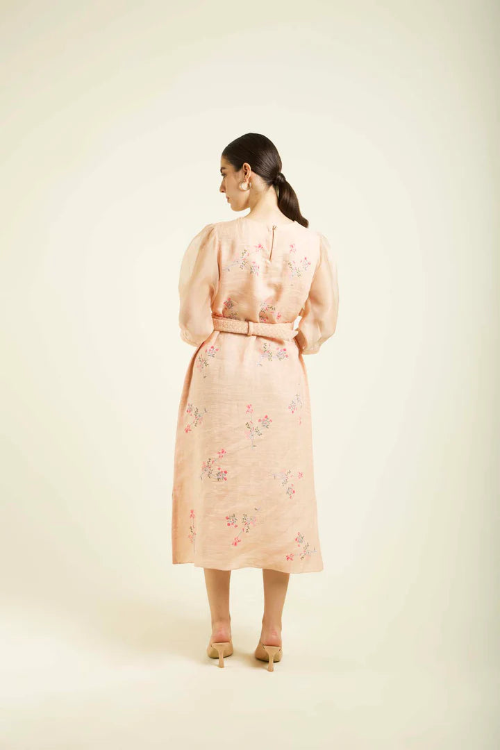 Old Rose Printed A-Line Dress In Linen With Quilted Belt