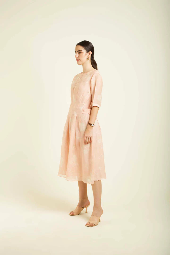 Old Rose Bon Pleated Dress In Mul Chanderi With Embroidery Details