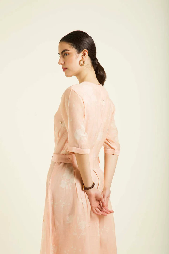 Old Rose Bon Pleated Dress In Mul Chanderi With Embroidery Details