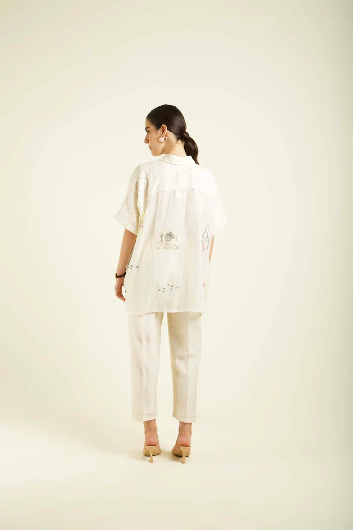 Ivory Kaftan Shirt In Mul Chanderi With Straight Pants In Silk Chanderi
