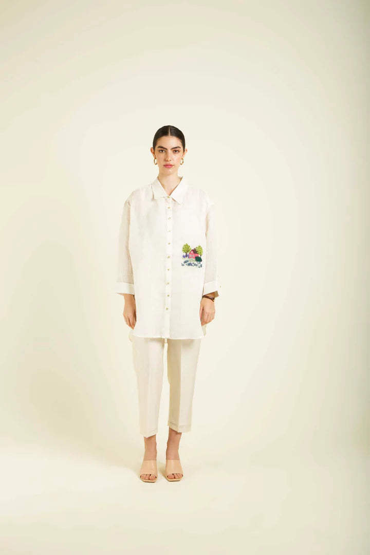 Ivory Country Shirt In Gauze Linen With Embroidery And Straight Pants In Silk Chanderi