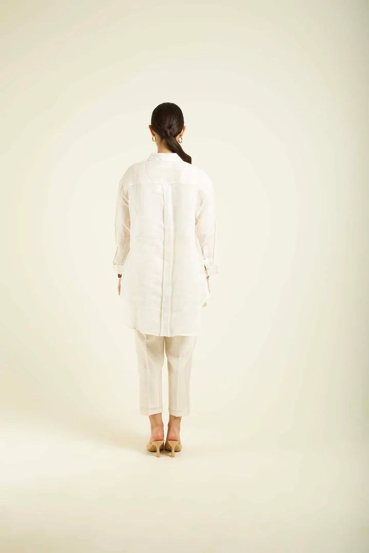 Ivory Country Shirt In Gauze Linen With Embroidery And Straight Pants In Silk Chanderi