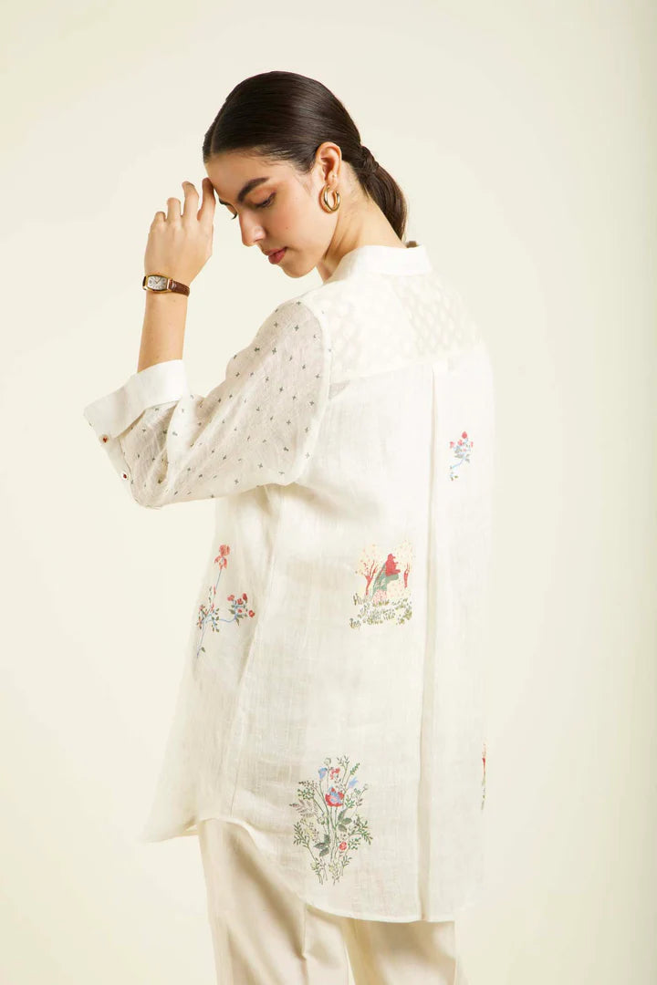 Ivory Shirt In Gauze Linen With Straight Pants In Silk Chanderi