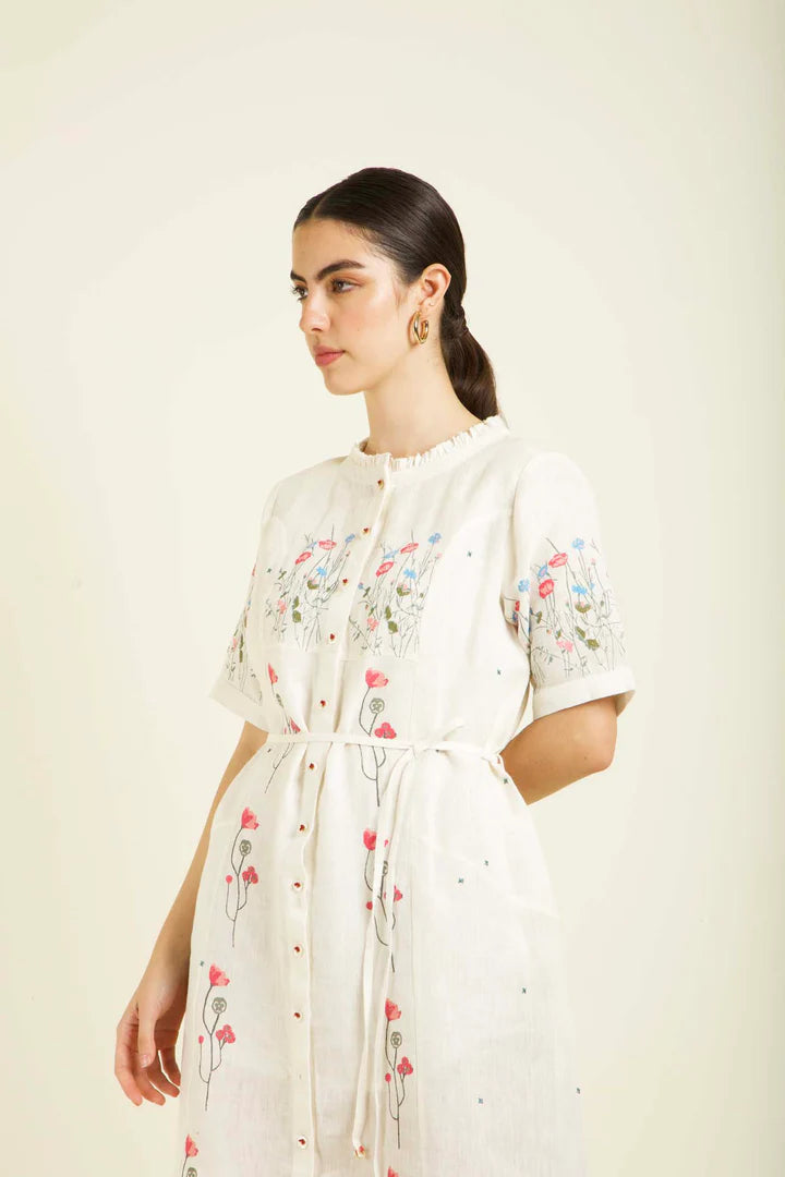 Ivory Printed A-Line Dress In Linen