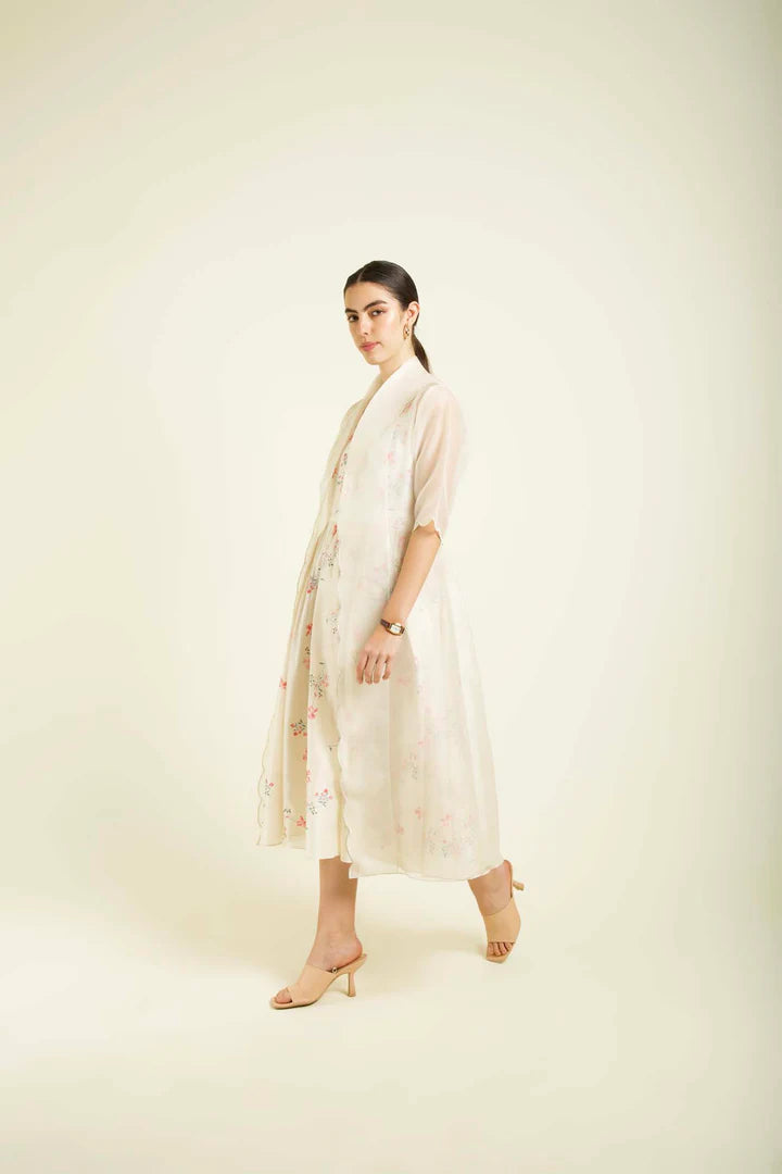 Ivory Scalloped Organza Jacket With Printed Strap Dress In Silk Chanderi
