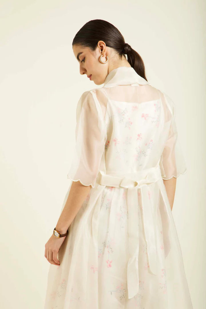 Ivory Scalloped Organza Jacket With Printed Strap Dress In Silk Chanderi
