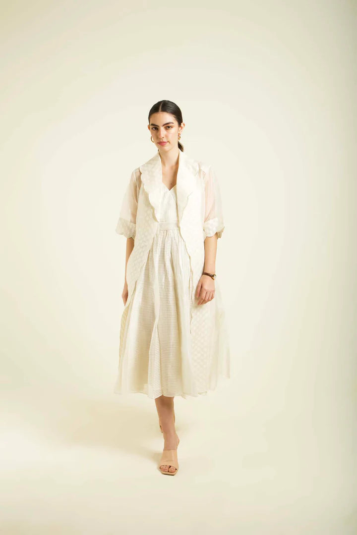 Ivory Organza Jacket With Embroidery And Strap Dress In Stripe Organza