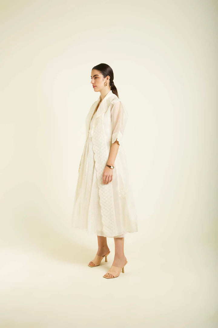 Ivory Organza Jacket With Embroidery And Strap Dress In Stripe Organza
