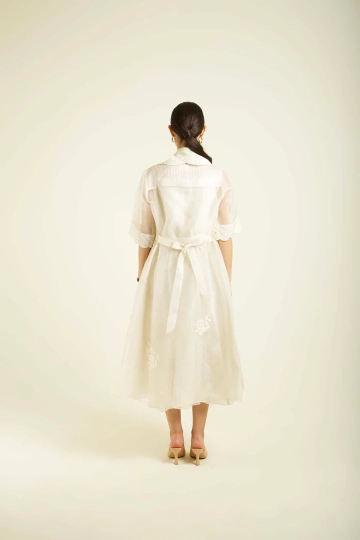 Ivory Organza Jacket With Embroidery And Strap Dress In Stripe Organza