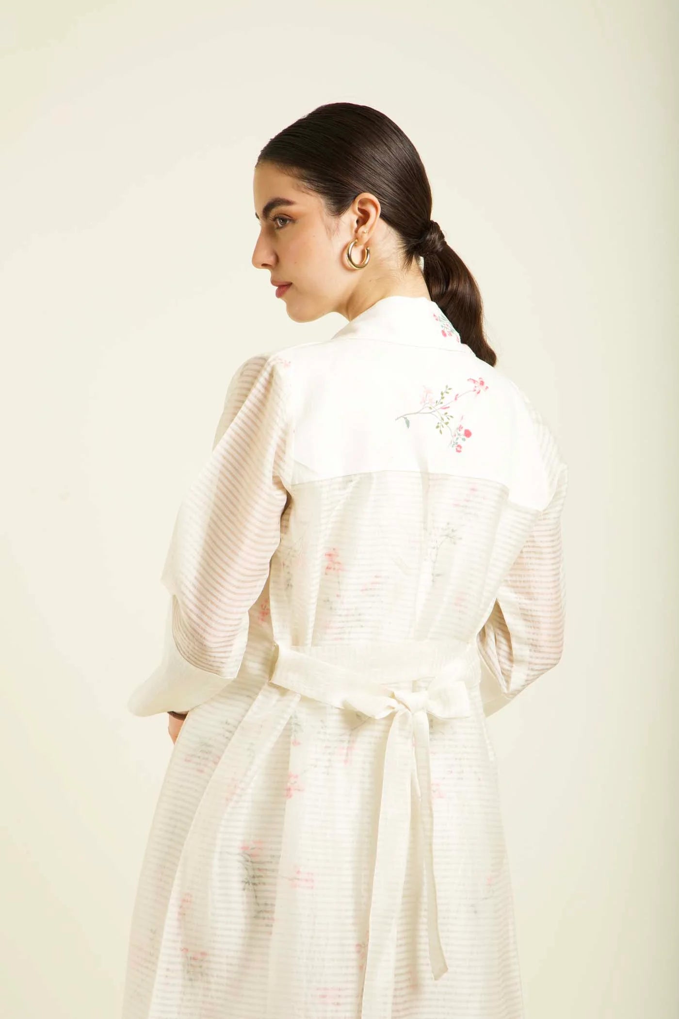 Ivory Stripe Organza Jacket With Printed Linen Jumpsuit