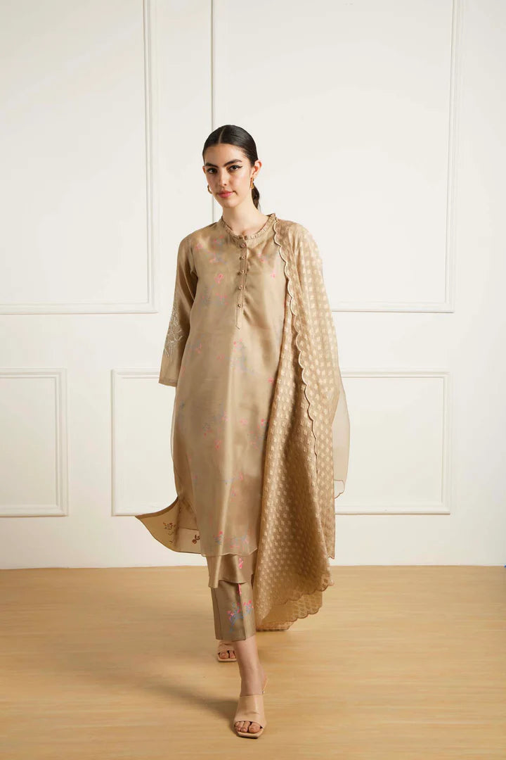 Beige Doulbe Layer Tunic In Silk Chanderi With Dori Embroidery And Pants In Silk Chanderi
