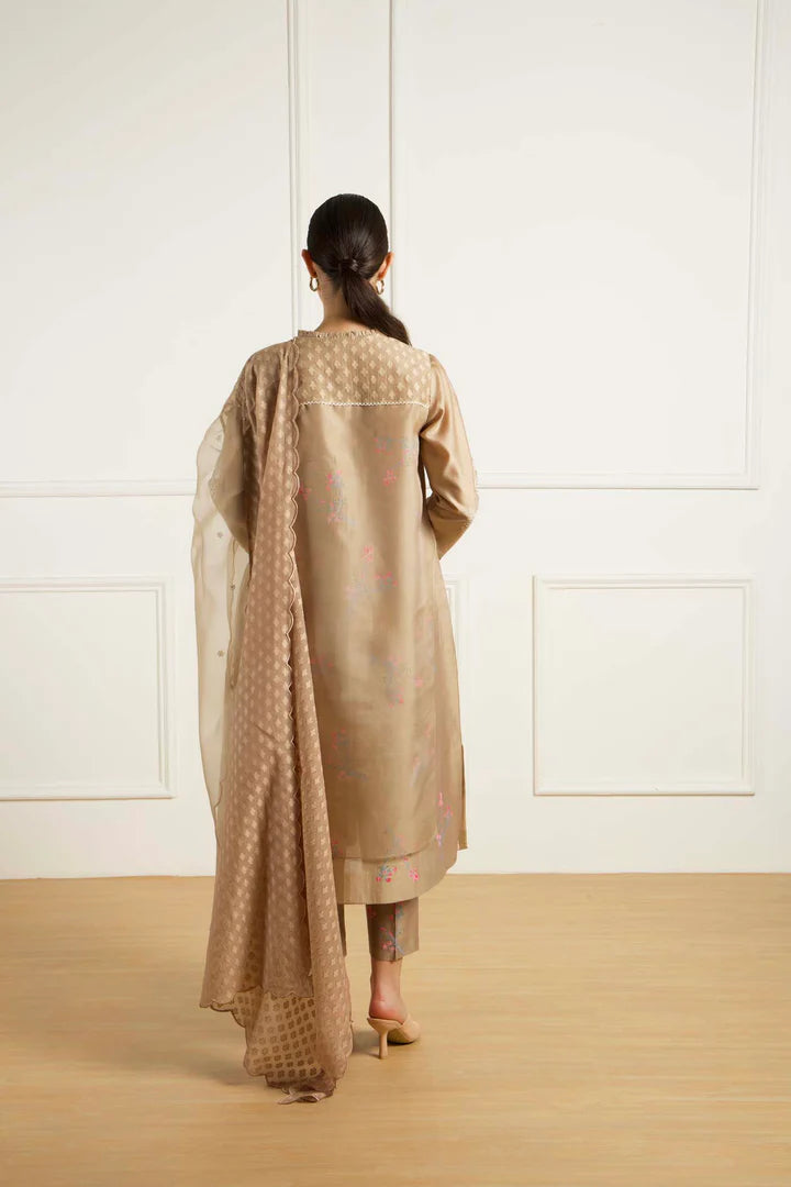 Beige Doulbe Layer Tunic In Silk Chanderi With Dori Embroidery And Pants In Silk Chanderi