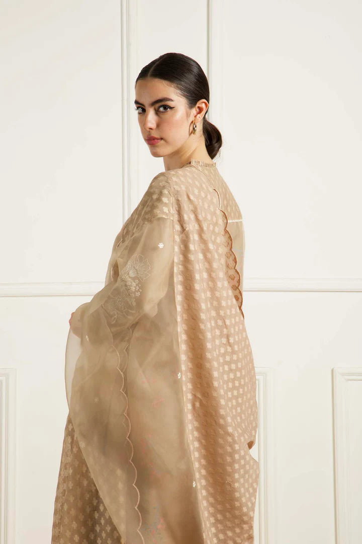 Beige Doulbe Layer Tunic In Silk Chanderi With Dori Embroidery And Pants In Silk Chanderi